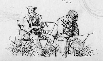 To mænd på en bænk, c1950. af Shirley Markham