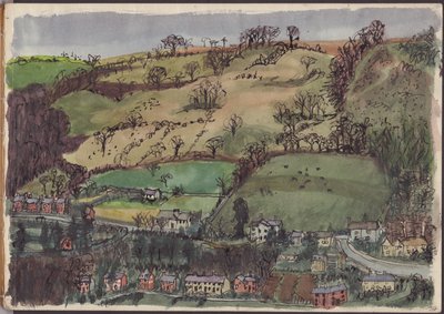 Landsby og marker, c1950. af Shirley Markham