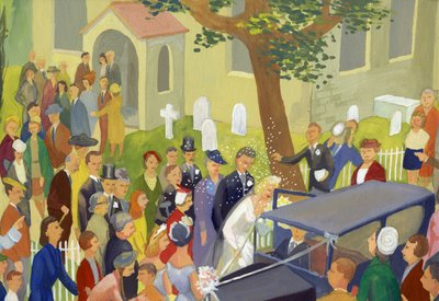Bryllupsgruppe på kirkegården, c1948. af Shirley Markham