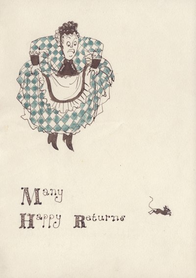 Kvinde bliver skræmt af en mus, c1950. af Shirley Markham