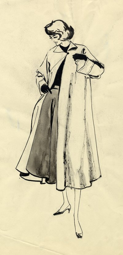 Kvinde i frakke og hel nederdel, c1950. af Shirley Markham