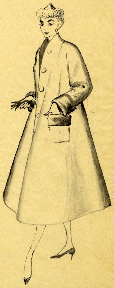 Kvinde i duster coat og spids hat, c1952. af Shirley Markham
