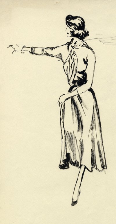 Kvinde i hel nederdel med strakt arm, c1950. af Shirley Markham