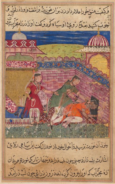 Side fra Fortællinger om en papegøje Tuti-nama: Ottende nat: Den bedrageriske kone skubber ud..., 1558-1560. af Shravana