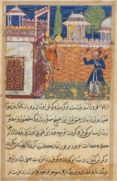 Side fra Tales of a Parrot Tuti-nama: Ottende nat: Den bedrageriske hustru vender tilbage..., 1558-1560. af Shravana