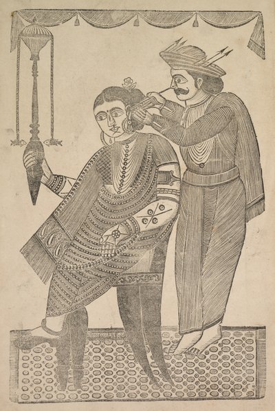 En frisør, der renser øret af en kurtisane, 1800-tallet. af Shri Gobinda Chandra Roy