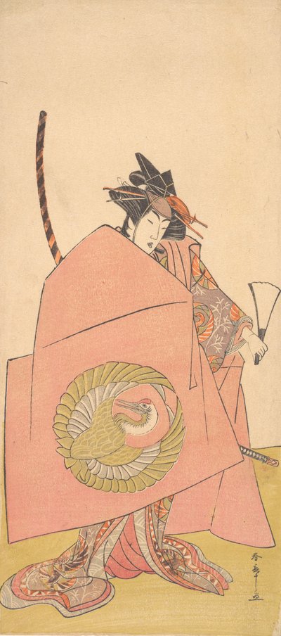 En uidentificeret skuespiller i Onna-kvinden Shibaraku Wait-A-Moment Act, ca. 1780. af Shunsho