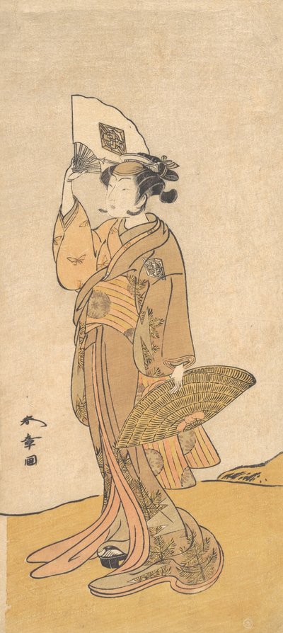 Nakamura Matsue II som en kvinde, der står på en bakke, 1773. af Shunsho