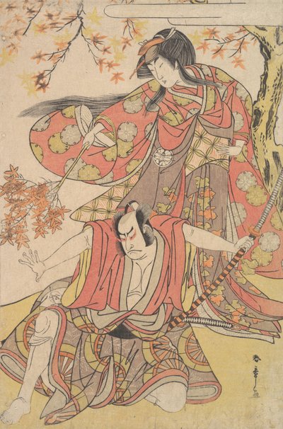 Segawa Kikunojo III som en kvinde, der står under et ahorntræ i efteråret, ca. 1778., ca. 1778. af Shunsho