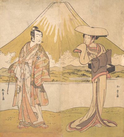 Skuespilleren Bando Mitsugoro som en mand i overdådige klæder, stående på en mark..., ca. 1778. af Shunsho