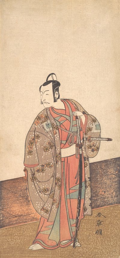 Skuespilleren Ichikawa Danjuro V står inde i et hus og foran en engawa, ca. 1772. af Shunsho
