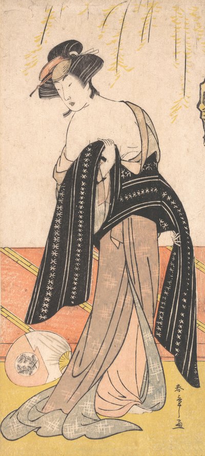 Skuespilleren Nakamura Riko som en Oiran, der binder hendes Obi, ca. 1779. af Shunsho