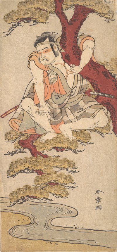 Skuespilleren Otani Hiroemon III ser fra grenene af et fyrretræ..., ca. 1775. af Shunsho