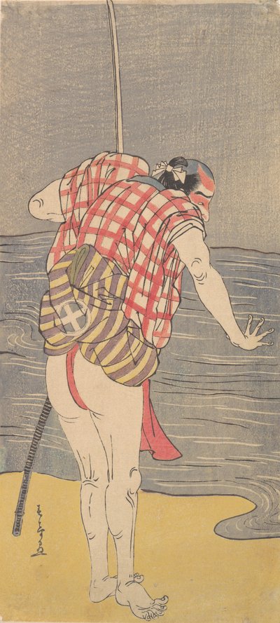 Skuespilleren Otani Hiroemon III som mand klar til at vade i havet med et trukket sværd, ca. 1775. af Shunsho
