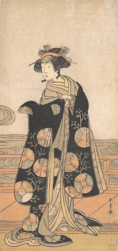 Yoshizawa Iroha som en kvinde, der står på Engawa af et hus ved en flod, ca. 1778. af Shunsho