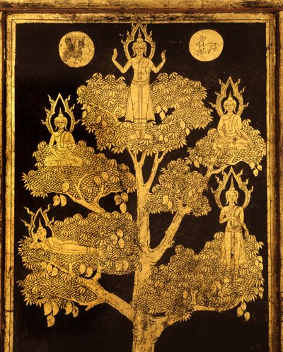 Bagpanel af et manuskriptskab med buddhistiske scener, sandsynligvis sen Ayutthaya-periode (lakeret og forgyldt træ) af Siamese School