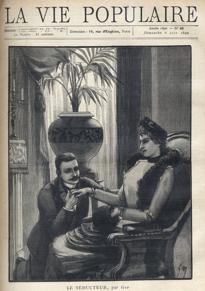 En mand på knæ holder hånden på en elegant kvinde, der sidder i en borgerlig stue, iført sin frakke, et ærme og et pelstørklæde. Illustration til Le Seducteur par Gyp (Sibylle Gabrielle Marie Antoinette Riquetti de Mirabeau, grevinde af Martel d. af Sibylle-Gabrielle de Riquetti de Mirabeau