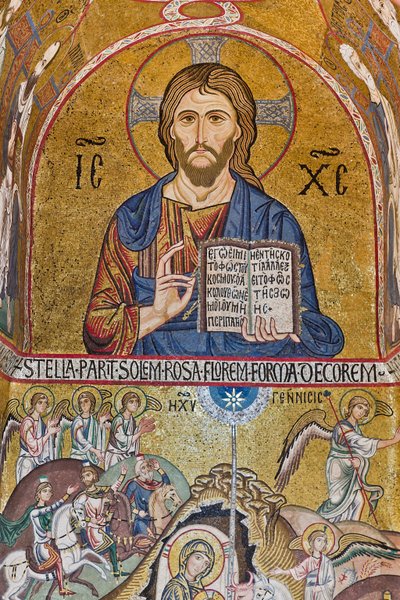 Palatinerkapellet (basilikaen), sydlige apsis eller St Pauls "absidiola", mosaikker: "Christ Pantocrator" og "Nativity", XII århundrede af Sicilian School