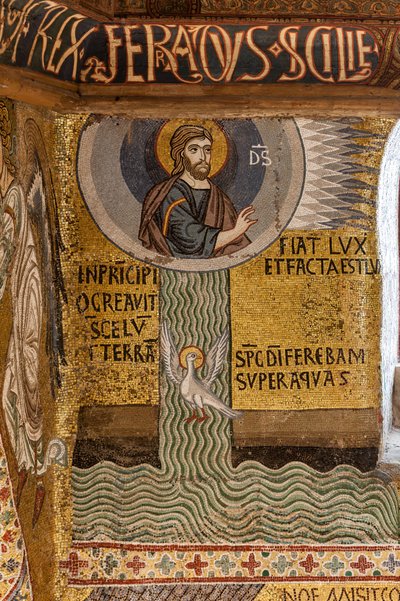 Palatinerkapellet (basilikaen), cyklus af mosaikker i Det Gamle Testamente, skabelsescyklus: "Fiat Lux Gud skaber lyset og deler vandene", XII århundrede af Sicilian School