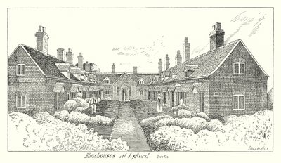 Almshuse i Lyford, Berks (gravering) af Sidney Heath