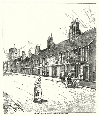 Almhuse i Stratford-on-Avon (gravering) af Sidney Heath