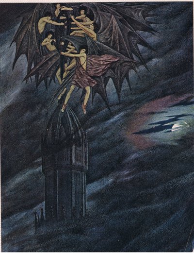 Lucifer og hans engle skynder sig! Skynd dig! O I ånder, træk det tunge kors af jern fra dens station af Sidney Meteyard