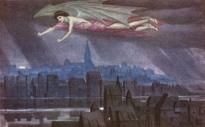 Den gyldne legende: Lucifer flyver over byen (farvelitografi) af Sidney Meteyard