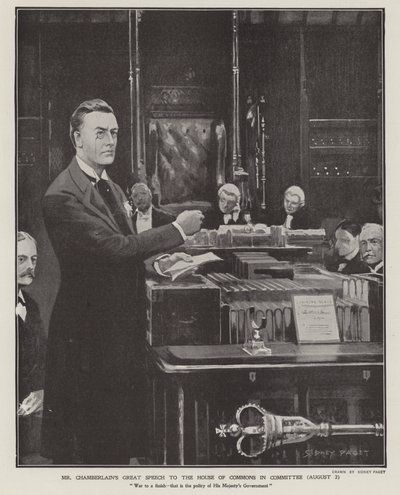 Joseph Chamberlains tale om Boerkrigen i Underhuset den 2. august 1901 (litho) af Sidney Paget