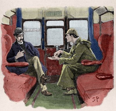 Silver Blaze: Sydney Pagets illustration af et Sherlock Holmes-eventyr. Den berømte detektiv er repræsenteret med Dr. Watson på et tog. Udgivet på "The Strand Magazine". Nyheder af Conan Doyle. 1892. af Sidney Paget