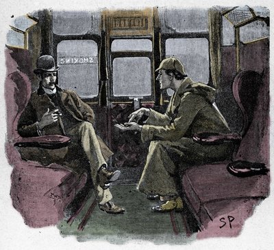 Silver Blaze: Sydney Pagets illustration af et Sherlock Holmes-eventyr. Den berømte detektiv er repræsenteret med Dr. Watson på et tog. Udgivet på "The Strand Magazine". Nyheder af Conan Doyle. 1892. af Sidney Paget