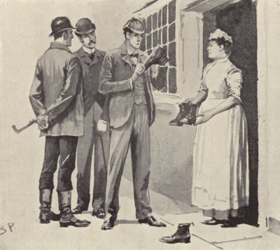 Stuepigen viste os støvlerne: scene fra Sherlock Holmes-historien The Boscombe Valley Mystery, af Arthur Conan Doyle (litho) af Sidney Paget