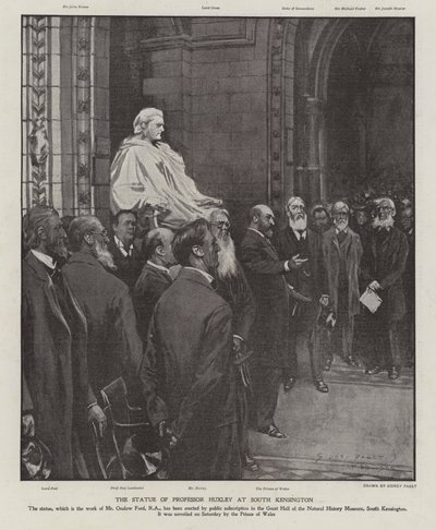 Statuen af professor Thomas Henry Huxley i Great Hall of the Natural History Museum, South Kensington, London (litho) af Sidney Paget