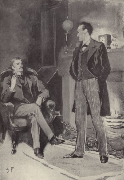 Så stod han ved bålet: scene fra Sherlock Holmes-mysteriet A Scandal in Bohemia, af Arthur Conan Doyle (litho) af Sidney Paget
