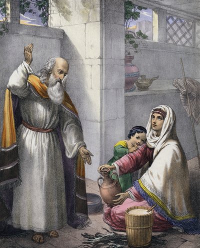 Elias og enken fra Zarefat (farvet indgravering) af Siegfried Detler Bendixen