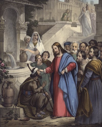 Jesus giver syn til en født blind (farve litho) af Siegfried Detler Bendixen