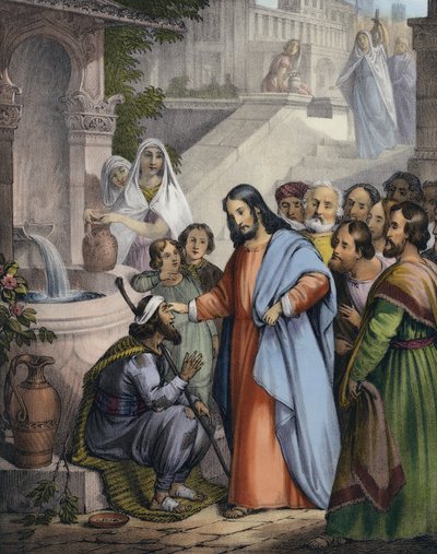 Jesus giver syn til en født blind (farvet indgravering) af Siegfried Detler Bendixen