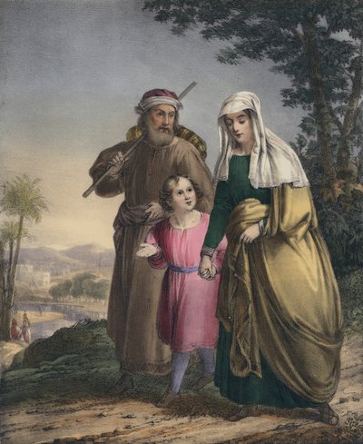 Jesus vender tilbage med sine forældre til Nazareth (farvet indgravering) af Siegfried Detler Bendixen