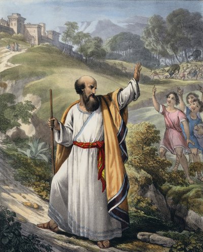 Små børn håner Elisha (farvet gravering) af Siegfried Detler Bendixen