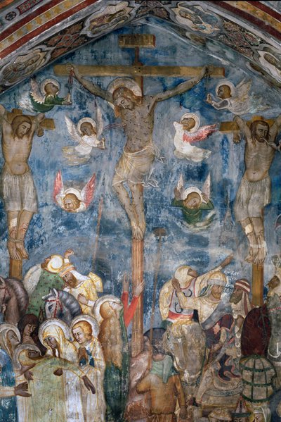 Korsfæstelse af Kristus "INRI"" på korset. Detalje af en fresko af skolen i Siena af Sienese School