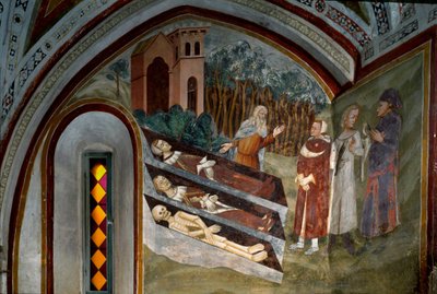 Møde mellem de døde og levende. Detalje af en freskomaleri fra Sienas skole. 14. århundrede. Klosteret Saint Benoit (Sacro Speco), Trappe, Subiaco (Rom), Italien af Sienese School