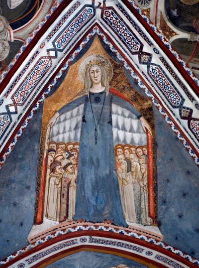 Repræsentation af Jomfru Maria Kirkens mor Fresko af Jomfrukapellet lavet af Siena-skolen i det 14. århundrede - Klosteret St. Benedetto (Sacro Speco), Subiaco (Rom), Italien af Sienese School