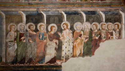 Apostelen Thomas Frescos vantro fra Sienas skole. 14. århundrede. Superior Kirke. Klosteret Saint Benedetto (Sacro Speco), Subiaco (Rom), Italien af Sienese School