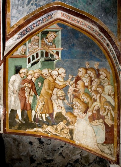 Massakren på de uskyldige Detalje af en fresco af skolen i Siena (1300-tallet) 1363-1366 Klosteret St. Benedetto (Sacro Speco), Subiaco (Rom), Italien af Sienese School