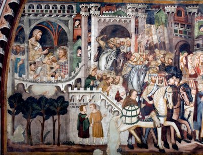 Visning af detaljerne i en fresko, der dekorerer den øvre kirke, der forestiller Montee på Golgata: til venstre Jesus foran Pontius Pilatus. Realiseret af skolen i Siena fra begyndelsen af det 14. århundrede. Klosteret Saint Benedetto (Sacro Speco), Su af Sienese School