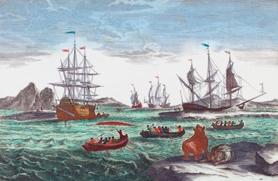Hvalfangstflåden ud for Grønland i det 18. århundrede (gravering) af Sieuwert van der Meulen