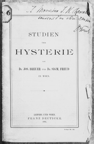 Forsiden af "Studien uber Hysterie" af Josef Breuer (1842-1925) og Freud, dedikeret til Jean Charcot (1867-1936) Leipzig og Wien, udgivet af Franz Deuticke, 1895 af Sigmund Freud