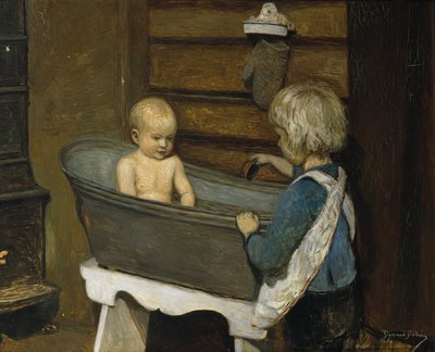 Børn leger i et vaskebalje (olie på lærred) af Sigmund Sinding