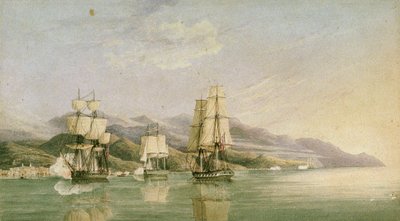 Angreb på konvoj af 18 franske handelsskibe ved Laigrelia og Alassio, 27. juni 1812, begyndelsen af det 19. århundrede (pen, blæk, grafit, akvarel) af Silas Thomson (attr.to) Hood