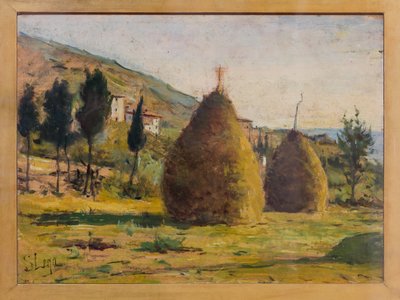 Haystacks in the Sun, ca. 1890 (olie om bord) af Silvestro Lega