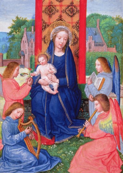 F.eks. 2125 f.157v Madonna og barn med engle, der spiller på instrumenter, fra Joanna af Ghistelles timer, ca. 1516 (vellum) af Simon (attr. to) Bening